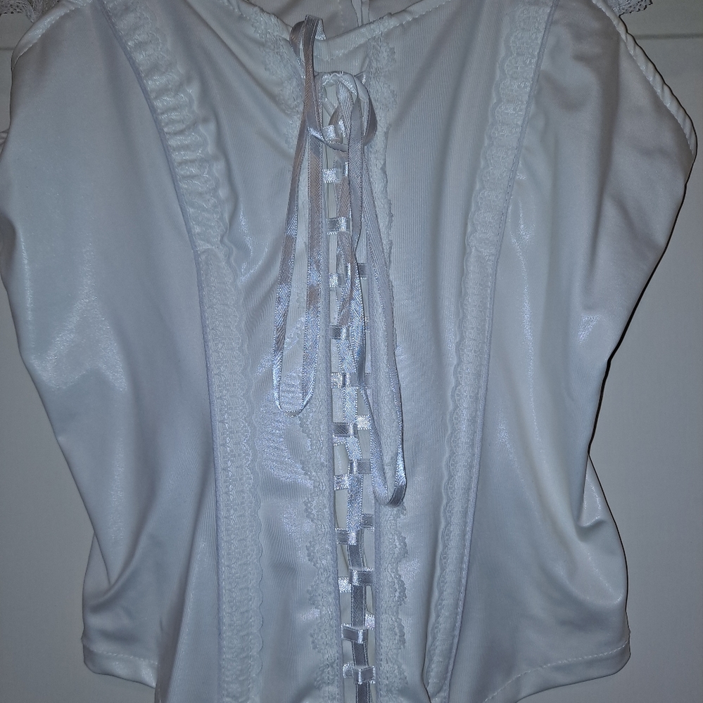 White lace short sleeve corset lace up high low lingerie top y2k shirt - Picture 14 of 14